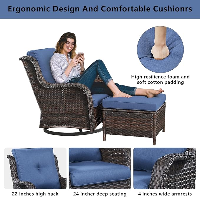 Wicker Patio Furniture Sets - 13 Piece Outdoor Rattan Furniture Conversation Sets with 4 Swivel Rocker Chairs, 2 Rattan Sofas, Wicker Ottomans and Coffee Table, Brown/Blue