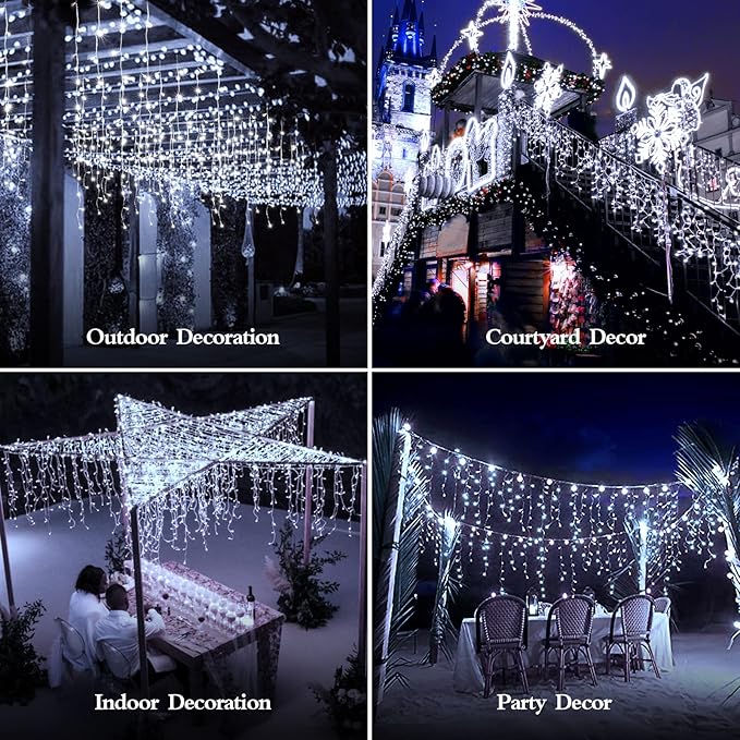 480 LED 49FT Christmas Lights Plug in 8 Modes with Timer Dimmable Christmas Decorations Outdoor Waterproof Indoor Curtain String Lights for Roof Porch Garden Holiday Wedding Party Decor Cool White