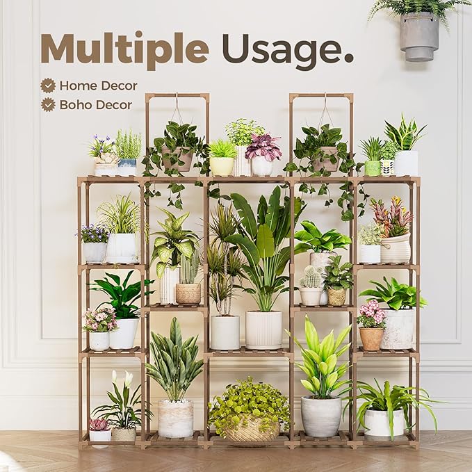 Bamworld Plant Shelf Large Plant Stand Indoor 62.2" Tall Outdoor Plant Holder Wood for Multiple Plants Hanging Plant Rack for Living Room Garden Balcony