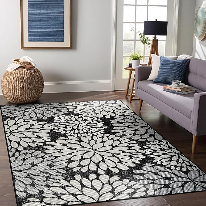 Beverly Rug Outdoor Rug 9x12 Modern Exotic Tropical Leaf Area Rugs for Indoor and Outdoor Patio Deck Porch Garden Water Resistant Washable Outside Carpet (9 x 12 Dark Gray)