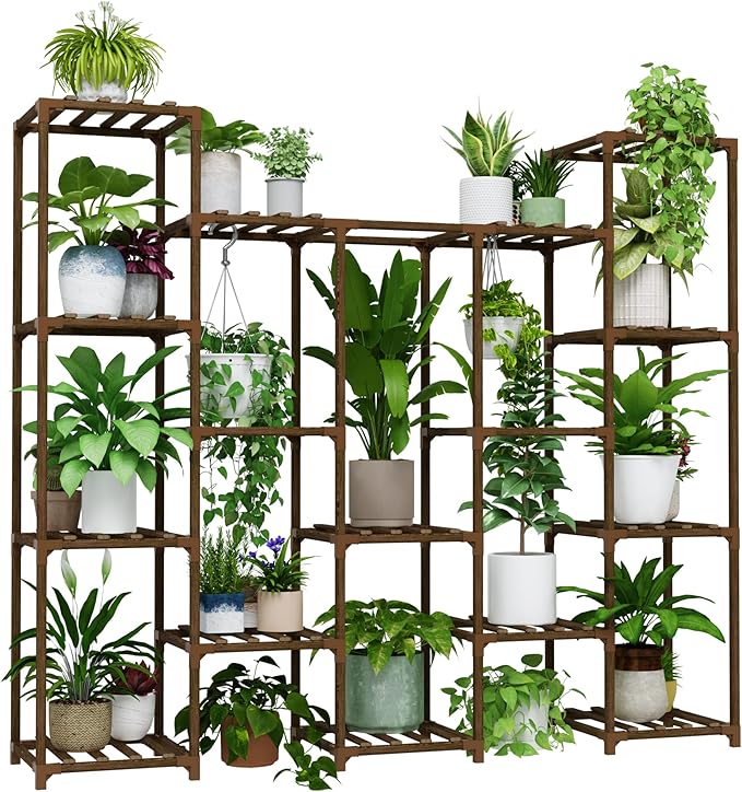Bamworld Large Hanging Plant Stand Indoor Tall Plant Shelf Outdoor 14 Pots Large Plant Rack for Living Room Patio, Balcony and Garden