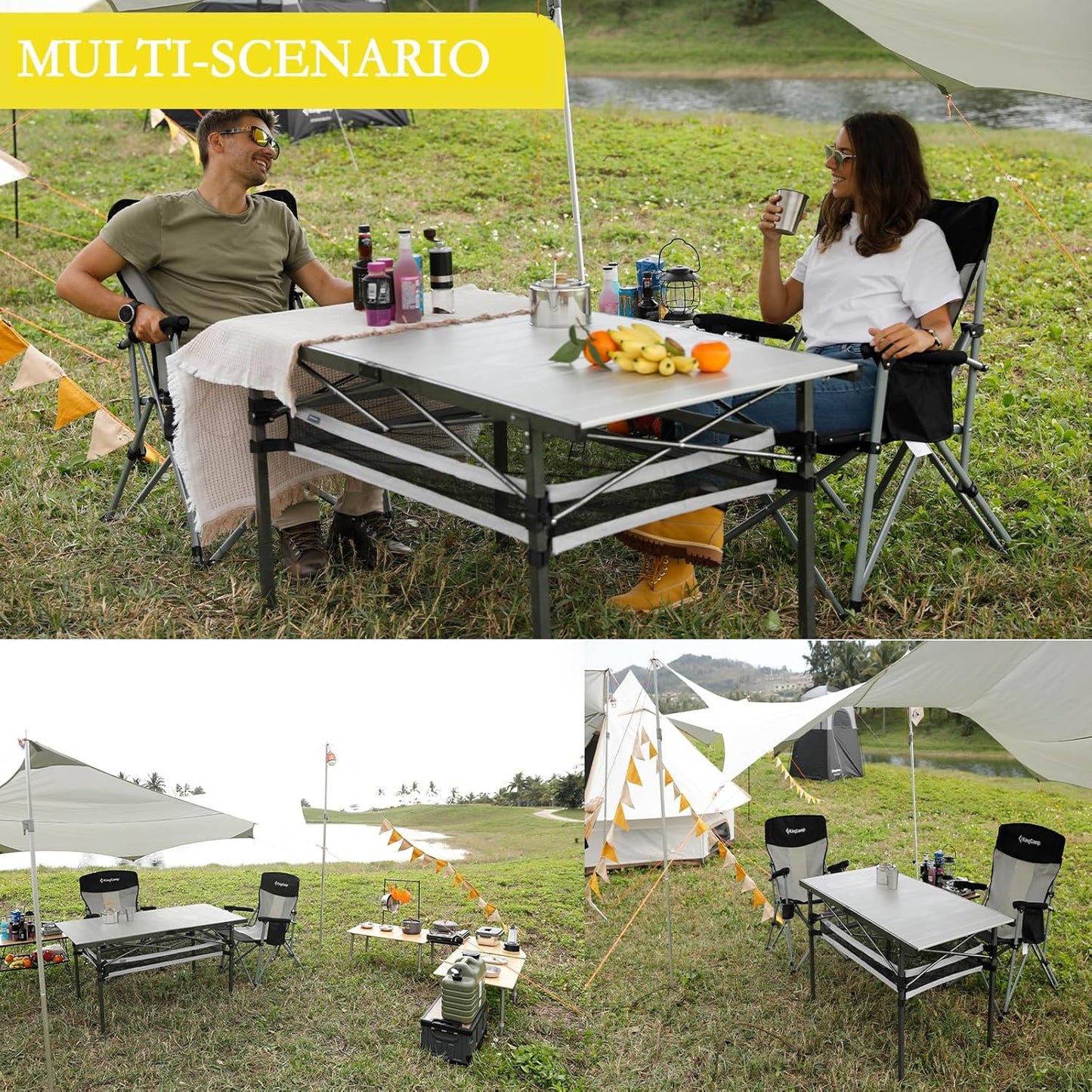 KingCamp Spacious Tabletop Area Aluminum Compact Roll 4-6 Person Stable Adjustable Feet Table with Carry Bag for Outdoor Camp Picnic, Black/Siver_53.5"×27.5" with Storage Layer
