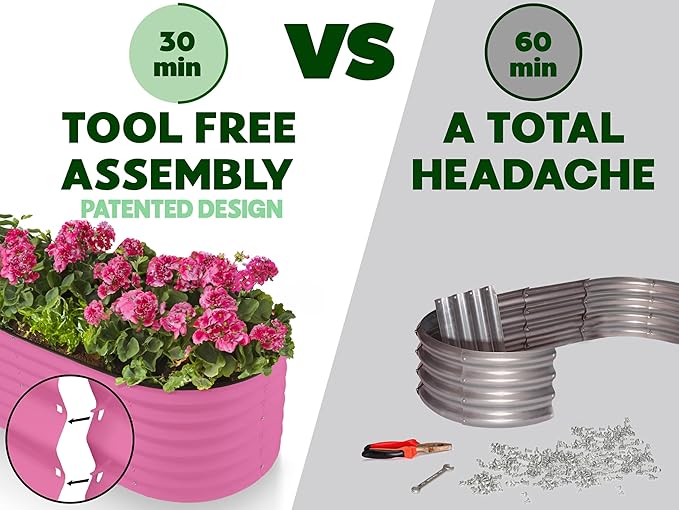 9-in-1 Galvanized Steel Raised Garden Bed // 8×2×1.5 ft Modular Planter for Gardening, Vegetables, Flowers // 18" Tall Metal Raised Garden Beds Outdoor (Pink) // Patented Design Planter Box