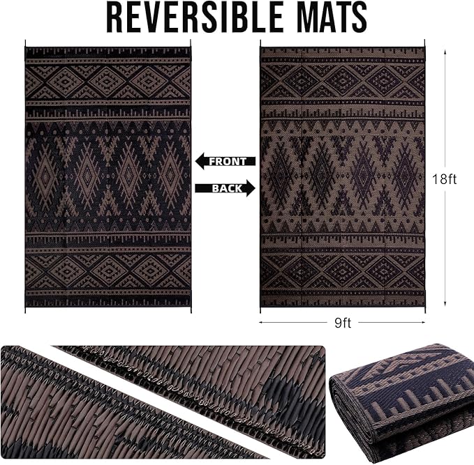 OLANLY Outdoor Rug Waterproof 9x18 ft, Reversible Outdoor Plastic Straw Rug, Boho Patio Rug, Indoor Outdoor Carpet, RV Mat Outside for Patio, Camp, Picnic, Balcony, Deck, Backyard, Black & Brown