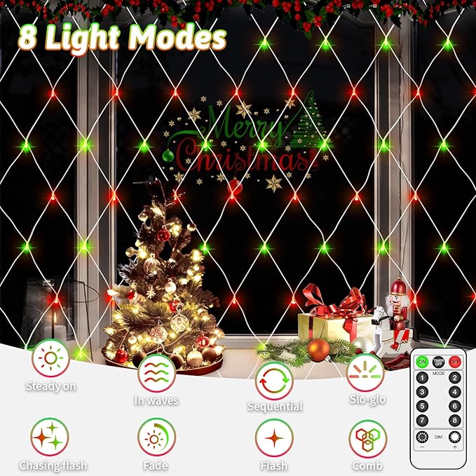 JXLEDAYY Christmas Net Lights Outdoor Decorations 3M*2M Mesh Lights Fairy String Lights Plug in with Timer Waterproof for Outside Bush Window Wall Patio Party Decor (Red & Green, 200 LED 3M*2M)