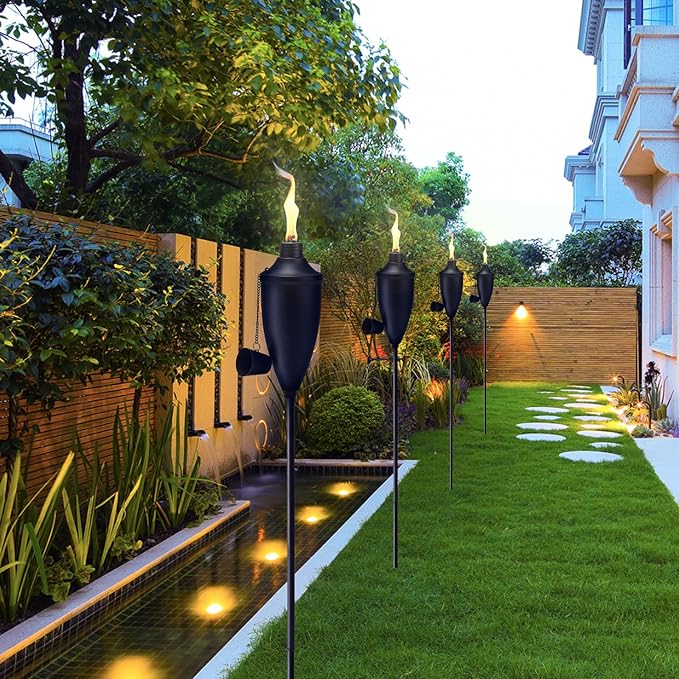 4 Pack Garden Torches for Outside, 22 oz Metal Citronella Torch with 3-Prong Grounded Stake, Perfect for Patio, Lawn, and Backyard Décor