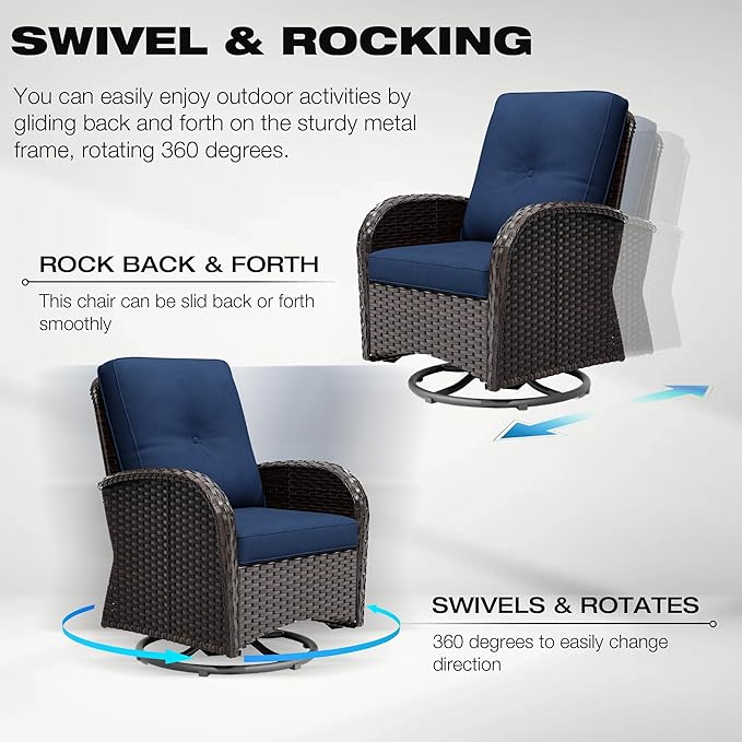 Joyside 10 Piece Patio Furniture Set, Outdoor Wicker Conversation Sets with Swivel Rocker Chairs and Sofa, Thick Cushion, Rattan Patio Sectional for Porch, Deck Use (Brown/Blue, 10 PCS)