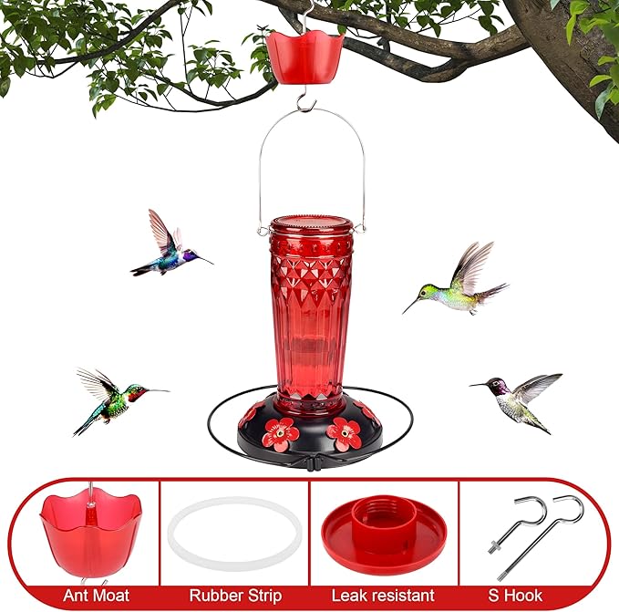 Hummingbird Feeder-16 Ounces,6 Feeding Ports Glass Hummingbird feeders for Outdoors,Wide Mouth for Easy Filling/Cleaning,Hanging for Garden Backyard Decor, Includes Ant Moat (Red)