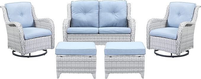 5 Piece Outdoor Patio Furniture Set - Patio Wicker Furniture Conversation Set, Outdoor Swivel Rocker Chairs with Loveseat Sofa and 2 Ottomans for Small Space, Light Gray - Baby Blue Cushion