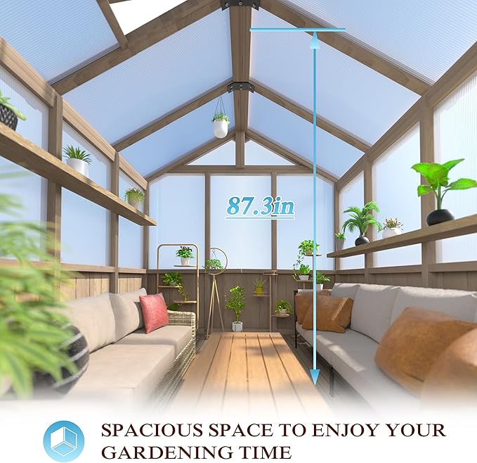 8x14 FT Outdoor Greenhouse Kit, 6MM Thick Polycarbonate Panel Wooden Walk-in Green House with Adjustable Roof Vents & Roof Vents, Backyard Garden, Light Mocha Brown
