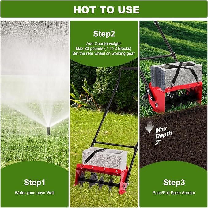 Lawn Aerator,16.5 inch Push Spike Aerator with Side skids, Height Adjustable Rear Wheel Pushed Aerator Lawn Tool, 2025 Upgraded Rolling Manual Tiller,Suitable for Lawn, Garden and Yard.