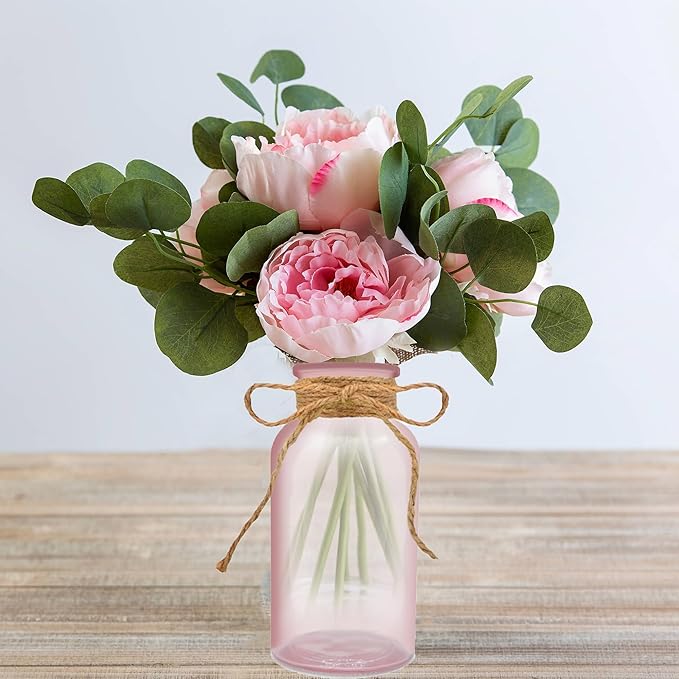 Vintage Glass Flower Vase,12 Pack Pink Farmhouse Glass Centerpiece Vases Mason Jars for Weddings, Parties & Home Decor Bulk (12, Pink)