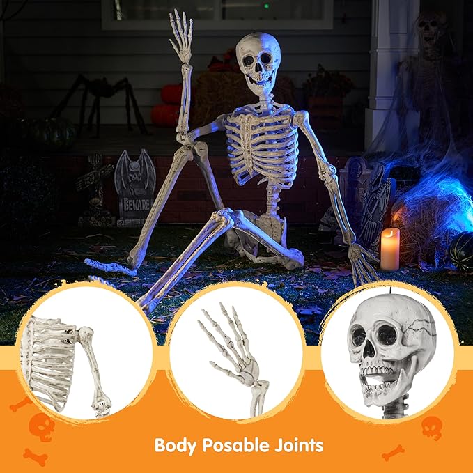 JOYIN 6.9 FT Halloween Skeleton Posable Plastic Full Body Realistic Human Bones with Movable Joints for Indoor Outdoor Halloween Props Spooky Scene Party Decorations(White, No Screwdriver)