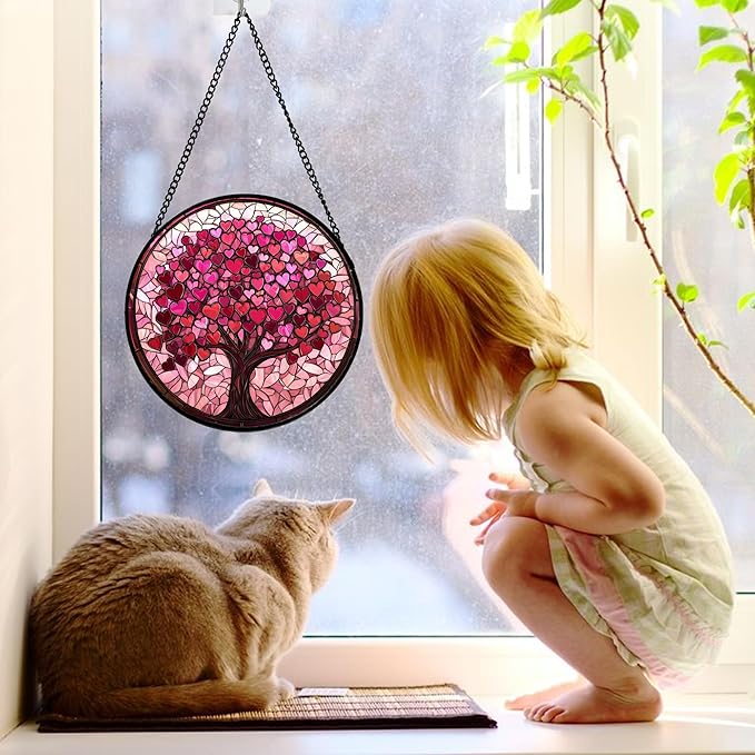 Stained Glass Window Hanging, Pink Love Tree of Life Sun Catchers Colorful Glass Panel Suncatcher Decor for Birthday for Women, Men, Wife, Lovers, and Mom 7.8 in