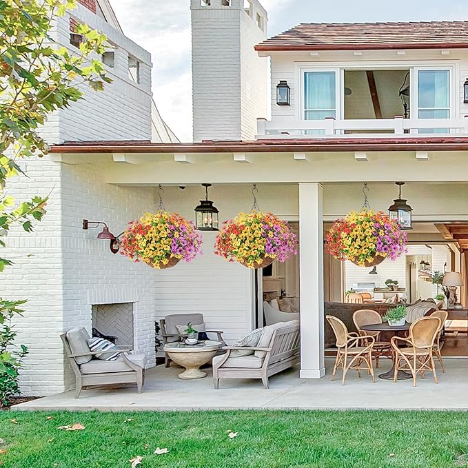 Artificial Faux Hanging Plants Flowers Basket for Spring Outdoor Decoration, Fake Silk Daisy in Planter Realistic UV Resistant Look Real for Porch Home Patio Balcony Yard(Multicolor)