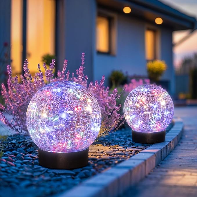 Beautyard Solar Globe Lights Outdoor Large Garden Decor USB Charged 4.72" Diameter 40LED 1000mAh Solar Cracked Glass Globe Lights for Outdoor Indoor Decor (4.72'' Large 2 Pack Colorful)