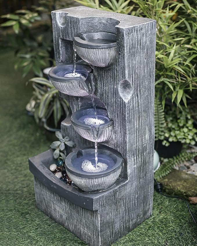 23.43" H Outdoor Water Fountain, 5 Tiers Bowls Garden Water Fountains with LED Light, Modern Natural Waterfall Fountain for Garden, Patio, Yard and Home Art Decor