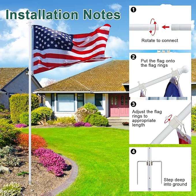 Barcetine 4-Pack Ground Flag Pole Kit - 8.5 FT Tangle Free with Anti-Tip Stand Prong -1 inch Heavy Duty Portable Inground Flag Holder for Yard Garden Outdoor, Bonus 3x5 US Flag,White