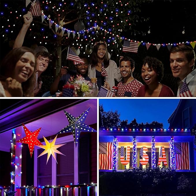 66Ft 200 LED Fairy Lights Plug in, July 4th Patriotic Waterproof String Lights with Timer for Indoor and Outdoor 8 Modes, Red White Blue American Flag Twinkle Lights for Independence Day, National Day