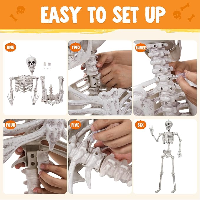 JOYIN 6.9 FT Halloween Skeleton Posable Plastic Full Body Realistic Human Bones with Movable Joints for Indoor Outdoor Halloween Props Spooky Scene Party Decorations(White, No Screwdriver)