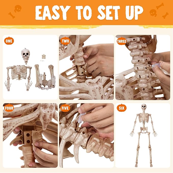 JOYIN 6.9 FT Halloween Skeleton Posable Plastic Full Body Realistic Human Bones with Movable Joints for Indoor Outdoor Halloween Props Spooky Scene Party Decorations(Yellow,No Screwdriver)