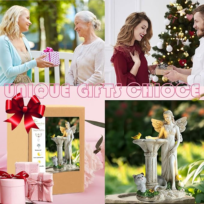 Angel Garden Statue, Solar Figurine with Outdoor Décor Resin Cat Sculpture Lawn Ornament,Ideal Yard Art for Patio Lawn Yard Housewarming Garden Gift