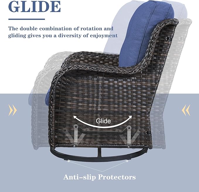 Wicker Outdoor Furniture Patio Furniture Set - 6 Piece Patio Conversation Set with Swivel Rocker Chairs, Rattan Sofa, Ottomans and Coffee Table, Blue Cushion