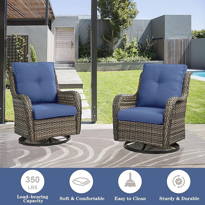Wicker Outdoor Furniture Patio Furniture Set - 6 Piece Patio Conversation Set with Swivel Rocker Chairs, Loveseat Sofa, Ottomans and Coffee Table, Blue Cushion
