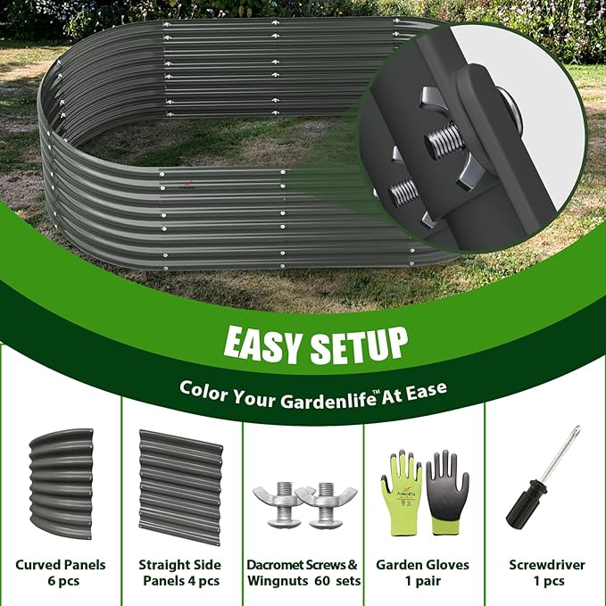 A ANLEOLIFE 8x4x2ft Galvanized Raised Garden Bed Kit, Oval Metal Deep Root Planters for Outdoor Plants Vegetables Flowers Herb, Large Bottomless, 478 Gallon Capacity- Quartz Grey