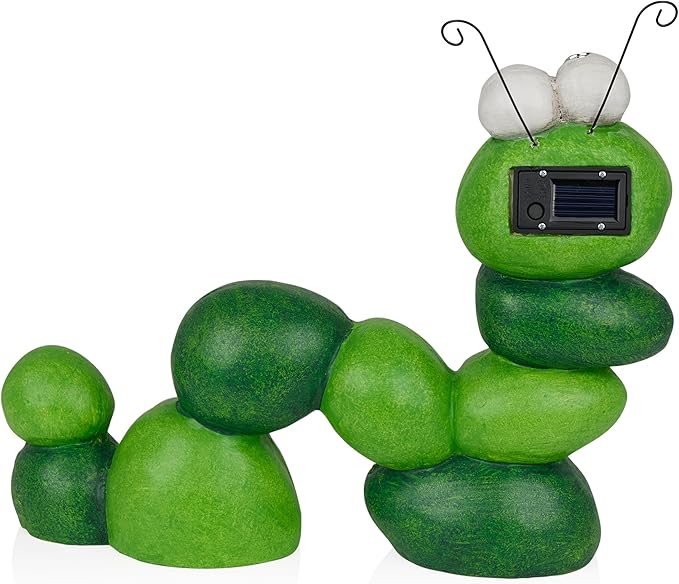 Alpine Corporation YEN608SLR Caterpillar Statue with Light Up Eyes, Solar Powered LED Caterpillar Garden Statue, 16" H, Green