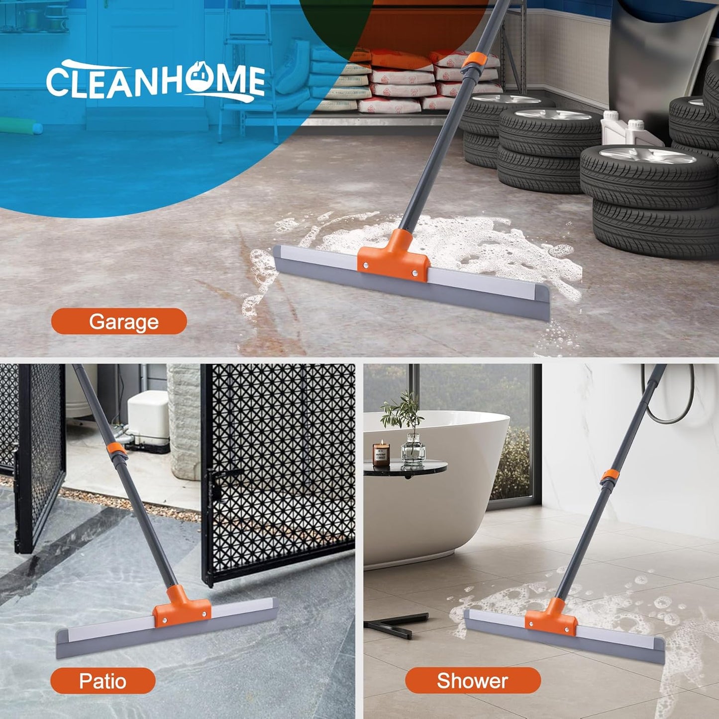 Rubber Floor Squeegee for Concrete Floor, Tile Floor, Metal Aluminium Heavy Duty Garage Shower Floor Squeegee Broom for Removing Water, Commercial Scrubber Mop with Extendable Long Handle