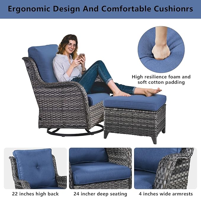 Wicker Outdoor Furniture Patio Furniture Set - 6 Piece Patio Conversation Set with Swivel Rocker Chairs, Rattan Sofa, Ottomans and Coffee Table, Blue Cushion