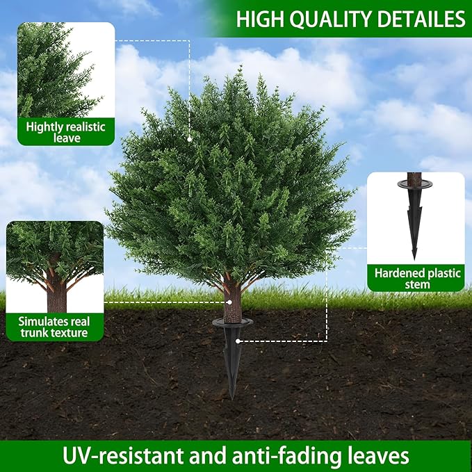Artificial Set of 2 Cedar Topiary Ball Trees 16" for Outdoors with Ground Spike, UV Resistant Faux Cypress Plants, Evergreen Shrubs Bushes for Front Porch Garden Backyard Decor