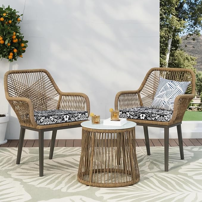 Favoyard Outdoor Chair Cushion 19 x 19 x 3 In Waterproof Pattern Fade Resistant Cushions for Patio Furniture with Removable Cover Attach Straps 28D Foam Insert Cushions Pads for Seat Sofa Couch 2 Pack