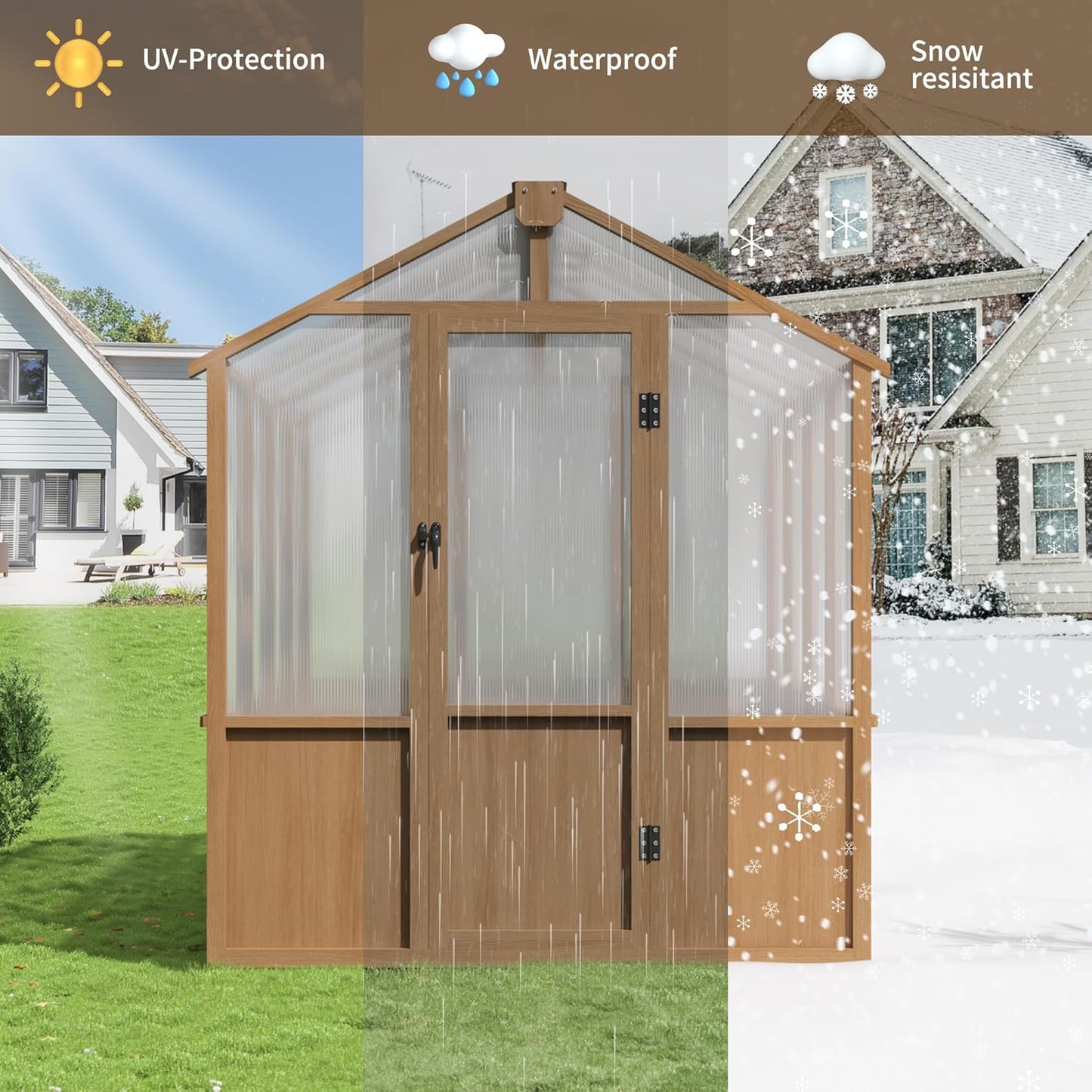 6x8 FT Greenhouse, Wooden Walk-in Greenhouse for Outdoors with 6MM Thick Polycarbonate Panel and Adjustable Roof Vents, Garden Backyard, Patio, Lawn, Wood Colour