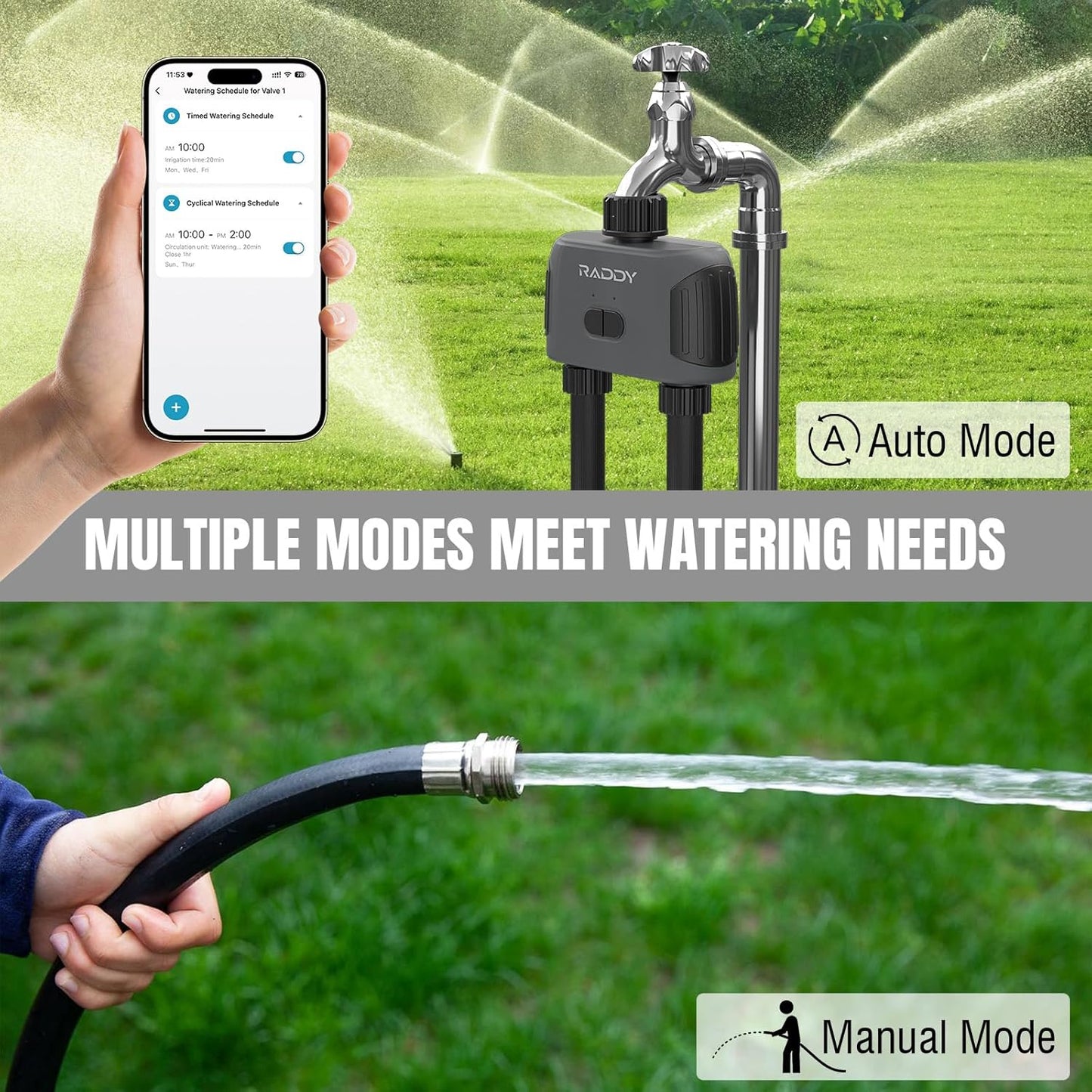 Raddy WS-3 WiFi Water Timer,2 Zones Sprinkler Timer for Garden Hose, Automatic Irrigation System with WiFi Hub, APP Control, Work with AWiFi Hub, Rain Delay for Lawns and Yard,2 Outlets