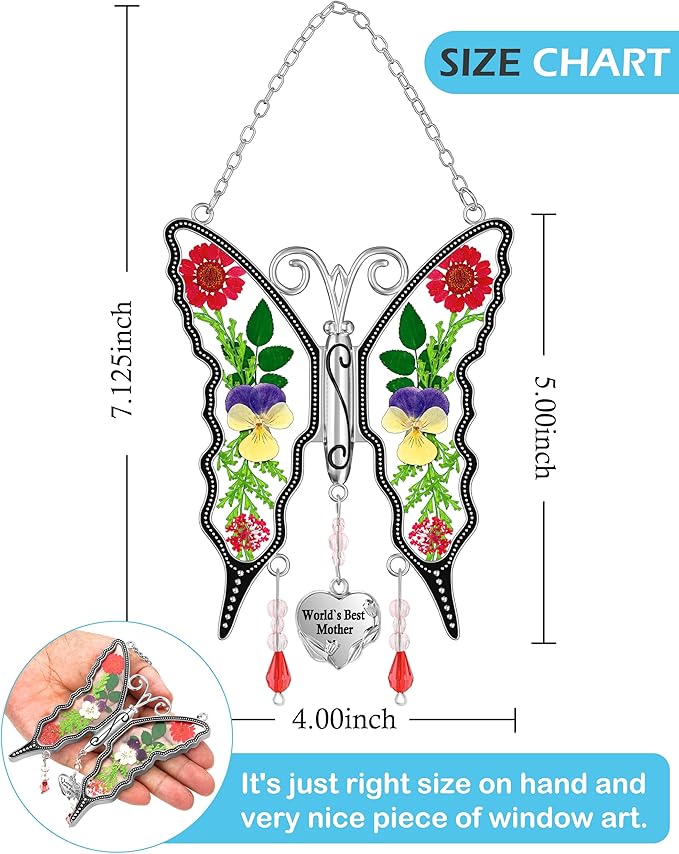 KY&BOSAM Butterfly Suncatcher World`s Best Mother Gifts Stain Glass Suncatchers for Windows Hanging Wind Chimes Home Ornament Gifts for Mom Mother`s Day Valentine's Birthday Christmas Thanksgiving
