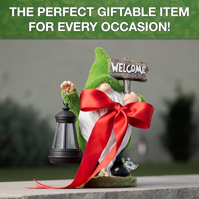 Garden Gnome Statue with Lantern - 11'' Spring Garden Gnomes Outdoor Christmas Decorations w/ Solar Light - Yard Gnomes Decorations - Vintage Solar Gnome, Housewarming Gifts for Women & Men