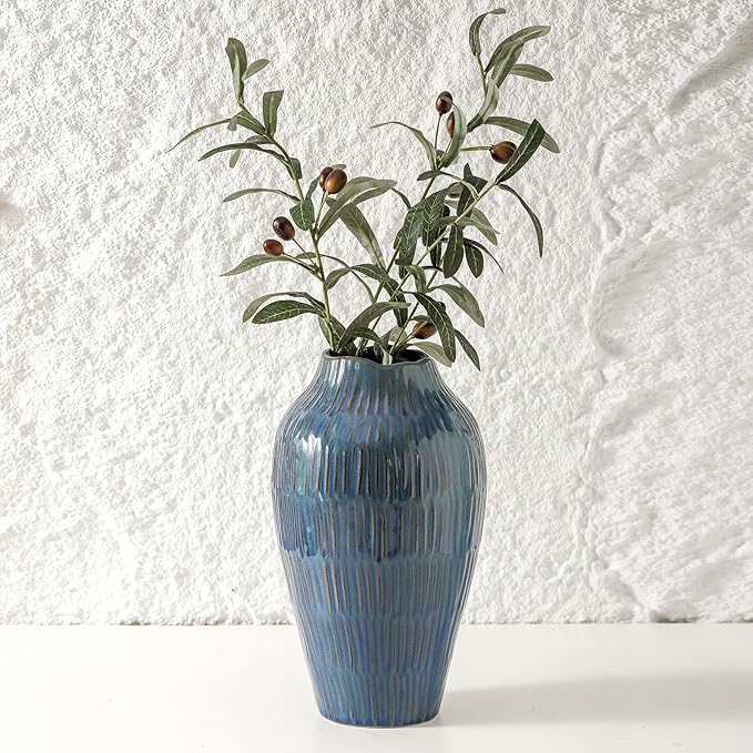 Blue Ceramic Vase for Home Decor,11.6 Inch Flower Vase,Decorative Vases for Pampas Grass,Modern Art Texture Vases for Home Entryway Living Room Dining Table Farmhouse Office Decor-Blue