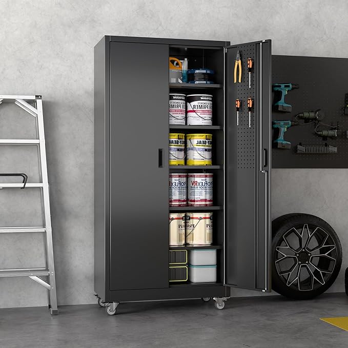 71" H×32" W×16" D Garage Storage Cabinet with Wheels, Locking Metal Storage Cabinet with 5 Adjustable Shelves, 4 Hooks and Pegboard for Garage, Home Office, Kitchen, Black, Assembly Required