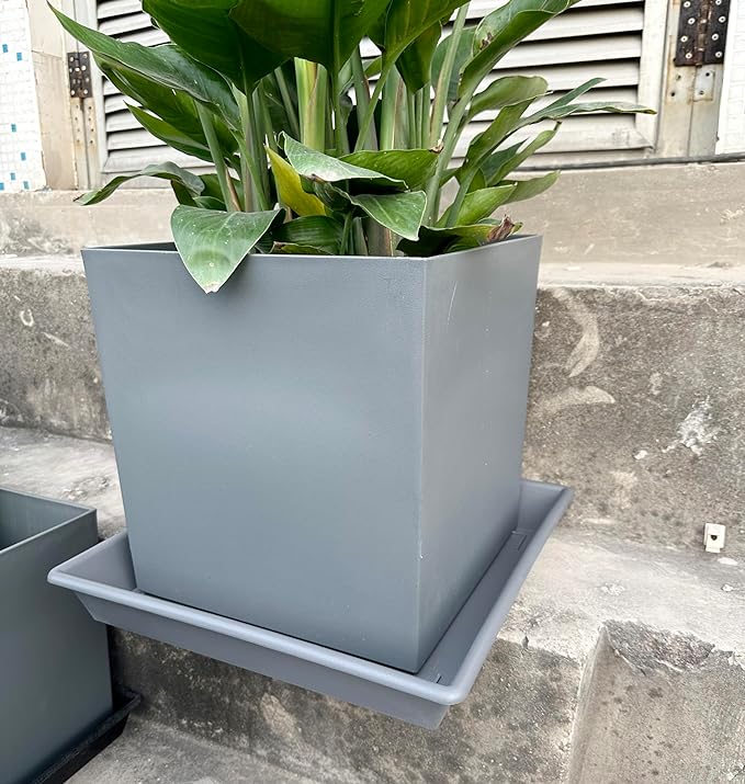 Square Plant Saucer 14 Inch 5 Pack,Plant Stand Plant Trays for Pots Heavy Duty Gray Plastic Plant Saucers for Indoors Outdoors, Flower Pot No Holes Plant Lover Gardening Gifts