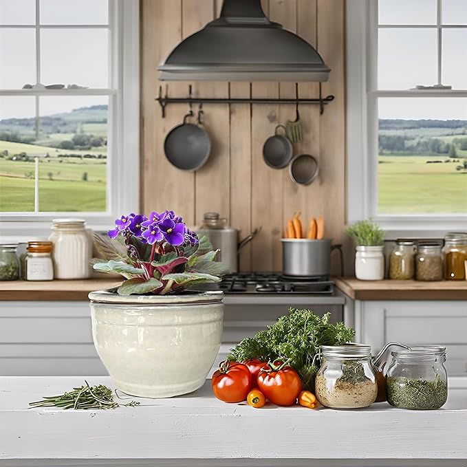 African Violet Pots Self Watering Round Ceramic Violet Pot (White, 6 inch)