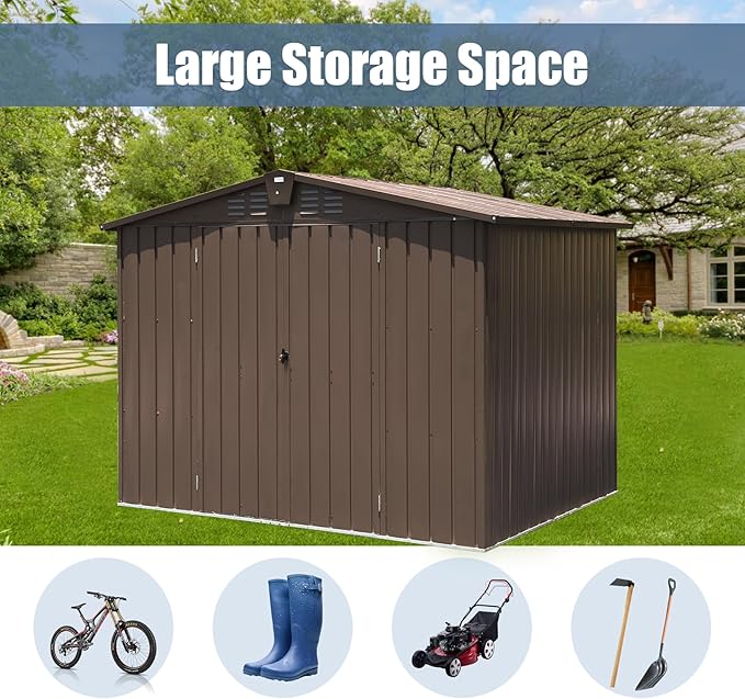 Domi Backyard Storage Shed 8.2โ x 6.2โ with Galvanized Steel Frame,Outdoor Garden Shed Metal Utility Tool Storage Room with Latches and Lockable Door for Balcony Lawn Poolside (Dark Brown)