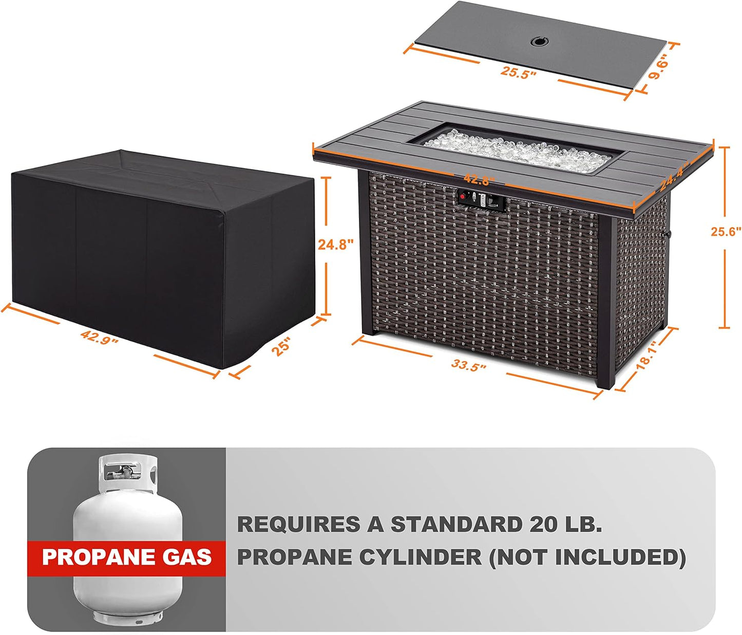Nuu Garden Outdoor 43 Inch 50,000 BTU Propane Gas Fire Pit Table, Aluminum Tabletop and PE Rattan Weaved Steel Frame, Water-Proof Oxford Cover, Glass Beads, Lid, Dark Brown