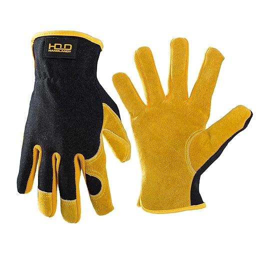 HLDD HANDLANDY Garden Gloves Men, Leather Work Gloves for Men & Women, Cowhide Gardening Gloves Utility Work Gloves for Mechanics, Construction, Driver (S, Yellow)
