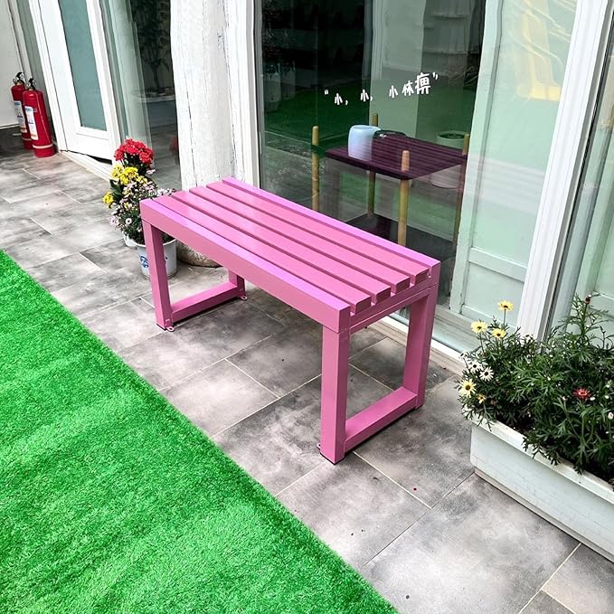 Weatherproof Metal Dining Bench, Outdoor Bench Backless Patio Bench 2-Person Farmhouse Bench Garden Bench for Kitchen, Living Room, Entryway(Pink,59in)