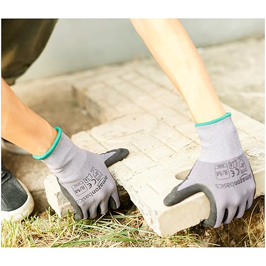 Amazon Basics Micro-Foam Nitrile Coated Work Gloves, Nylon Liner Fiber, Touch Screen, Size 8/M, 12 Pairs, Grey