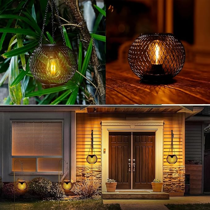 Solar Lanterns Outdoor, 4 Pack Brighter Metal Solar Hanging Lanterns, IP65 Waterproof Solar Lights Outdoor, Gardening Gifts & Decor for Garden Yard Patio Pathway