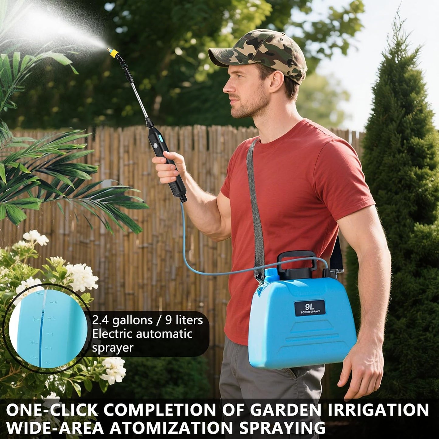 2.4 Gallon Battery Powered Sprayer, Electric Battery Operated Sprayer, Weed Power Sprayers in Lawn and Garden with Adjustable Shoulder Strap and Rechargeable Handle, 3 Mist Nozzles (Blue)