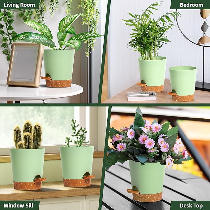 4 inch Small Plant Pots for Outdoor Indoor Plants, 5 Pack Planters with Drainage Holes and Tray, Small Self Watering Pots for Succulent,Cactus, Aloe and Other Plants (Green)